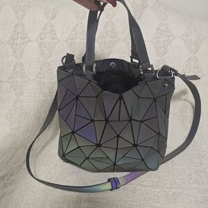 Geometric Black Iridescent Women's Bag with Crossbody and Handles.